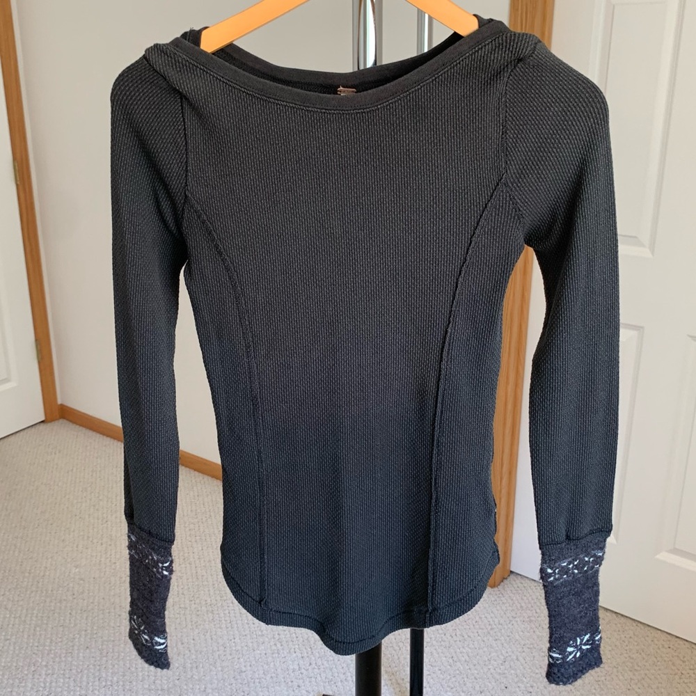 Free People Waffle Knit Thermal Embroidered Cuff Top Size Small